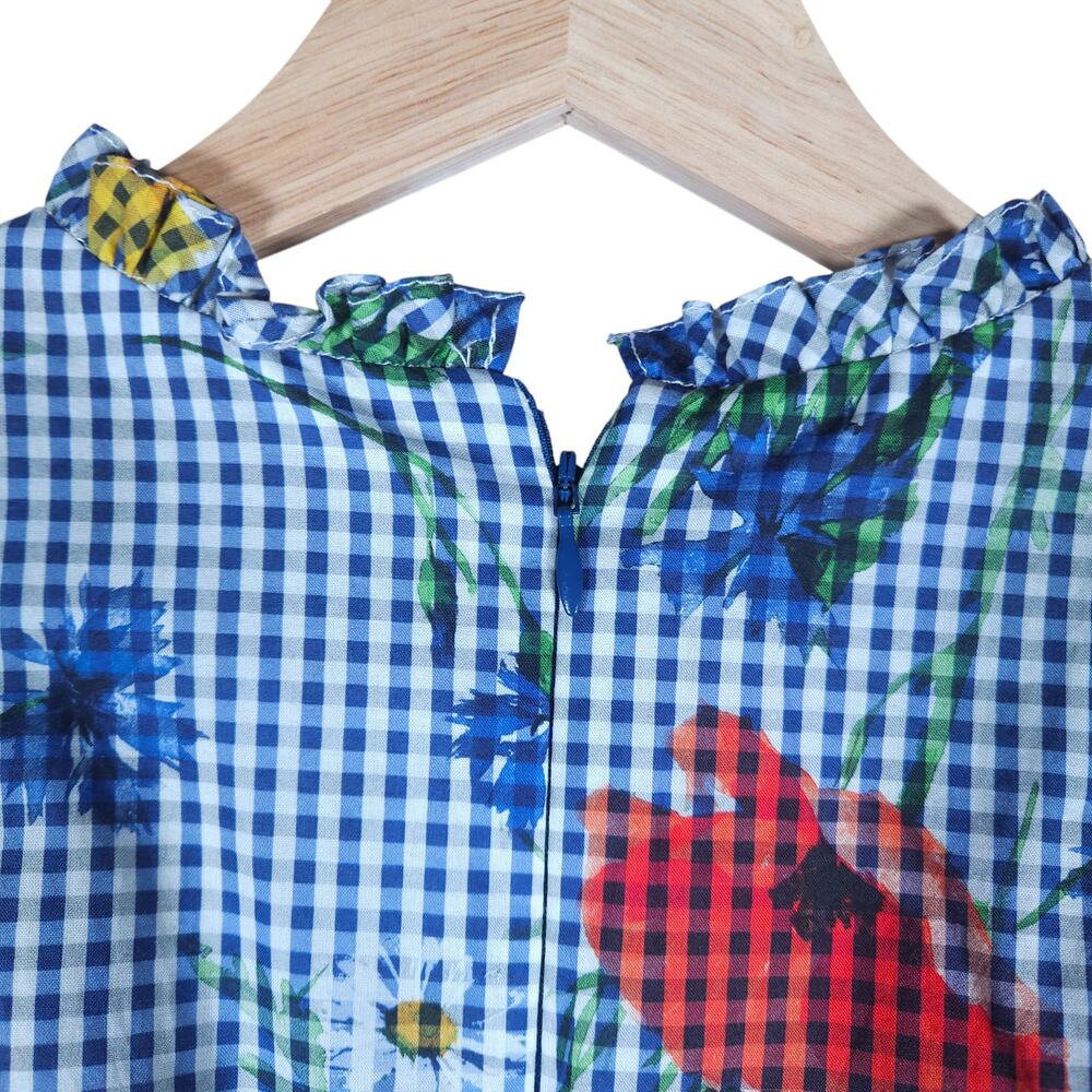Pearl by Lela Rose Floral Gingham Dress 8 Blue White Ruffle Detail Cottagecore - Picture 10 of 15